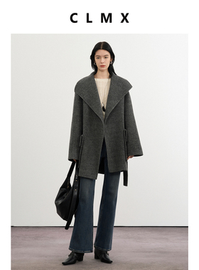 CLMX翻领大贴袋双面呢外套桑蚕丝牦牛绒面料秋冬通勤外套上衣女