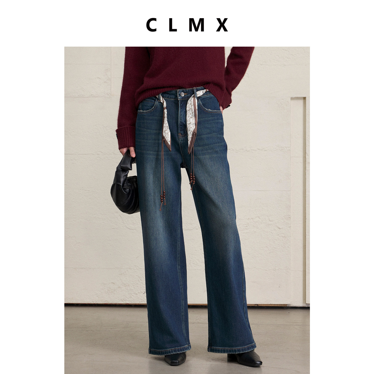CLMX复古腔调内里拉绒莱赛尔棉混纺斜纹牛仔直筒宽松牛仔裤赠腰绳