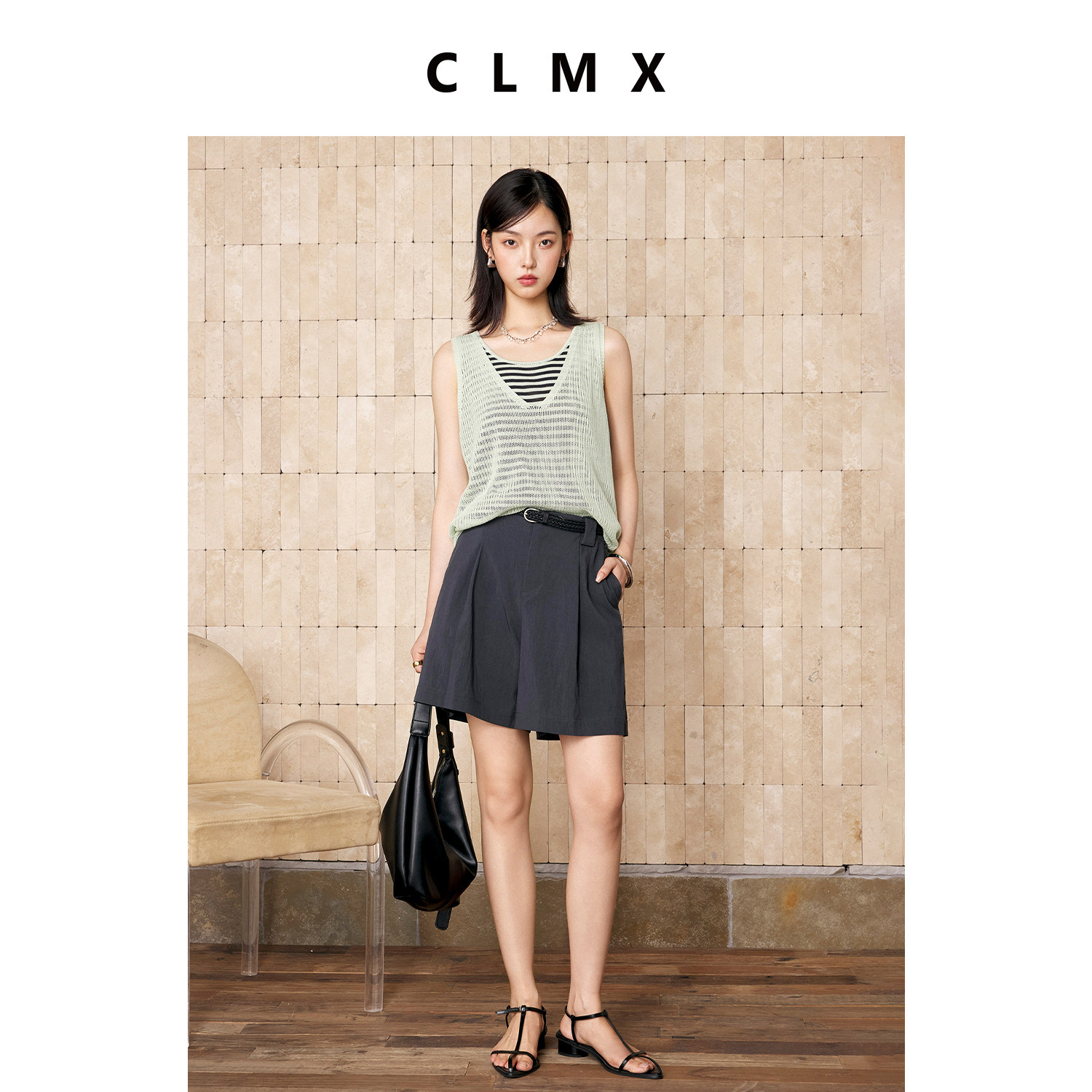 CLMX亚麻镂空针织背心两件套