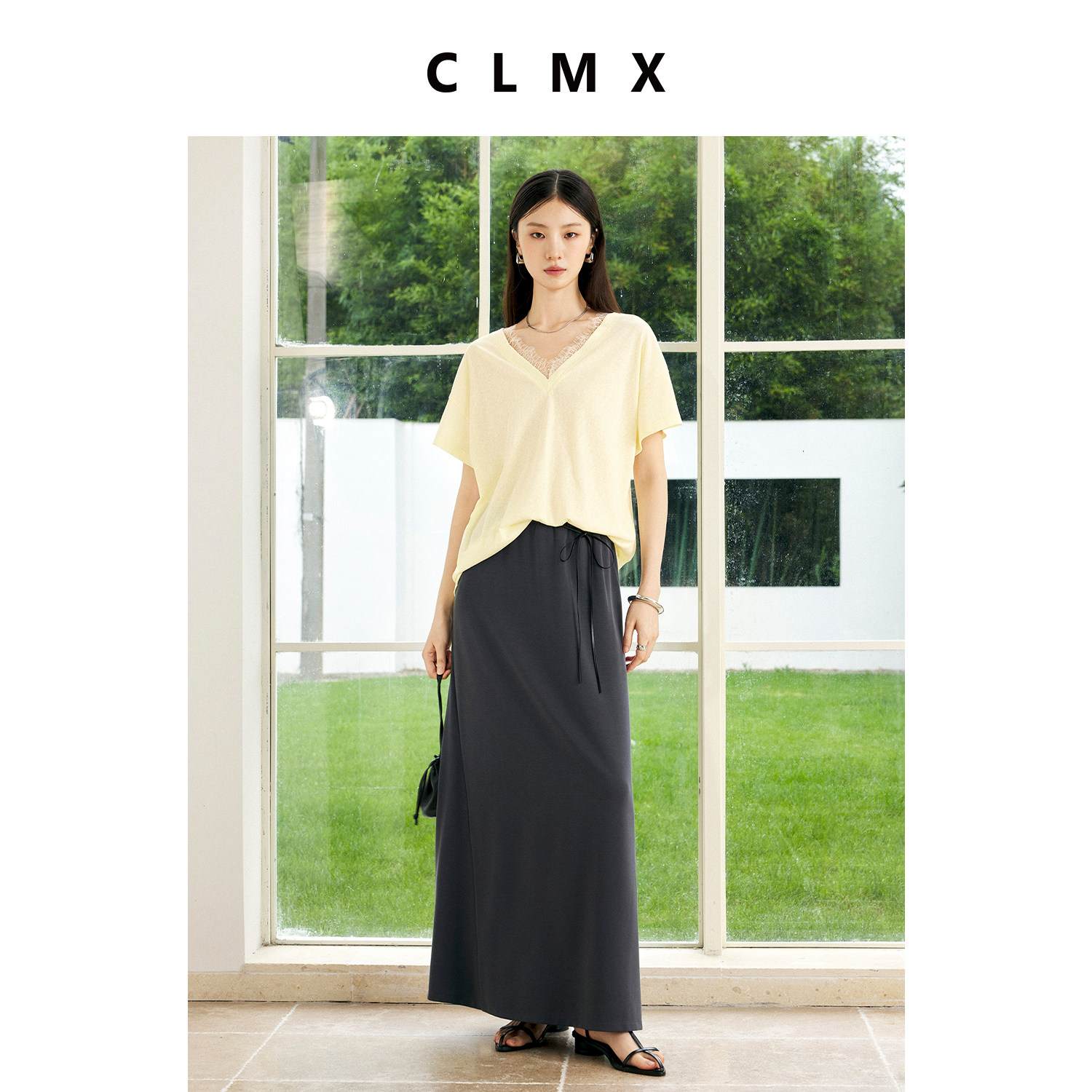 CLMX复古棉蕾丝V领宽松T恤