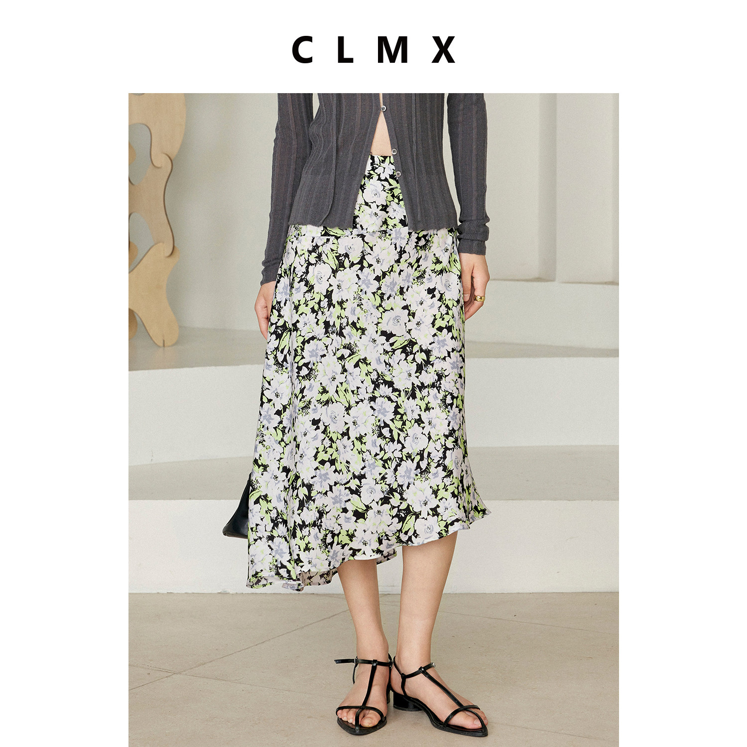 CLMX醋纤缎面印花斜裁半身裙