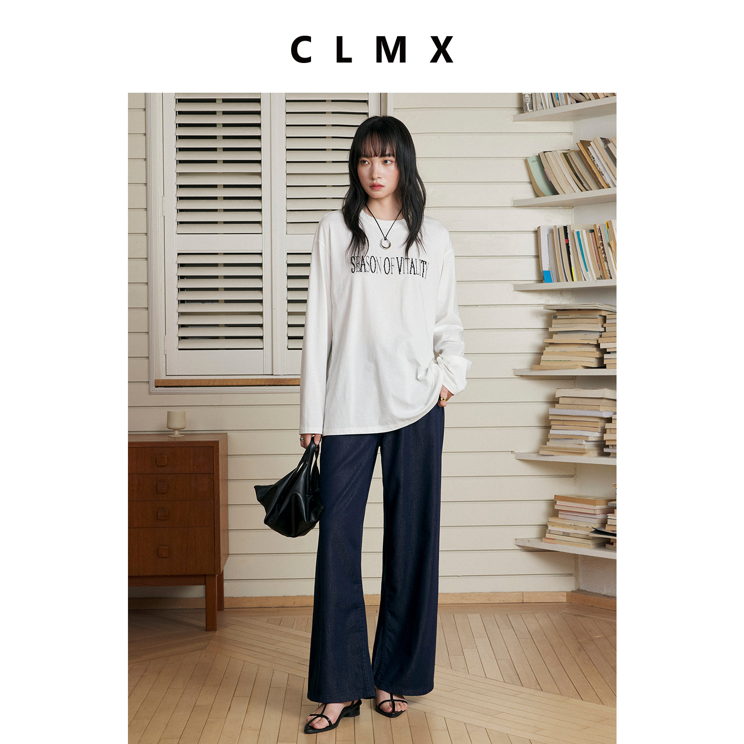 CLMX莱赛尔棉手工钉珠圆领白色长袖印花T恤女春季气质简约上衣
