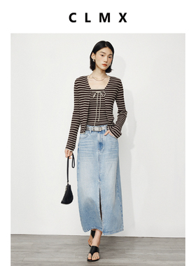 CLMX亲肤弹性精纺羊毛混纺纱线造型感系带V领条纹开衫/吊带背心