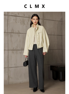 CLMX白鸭绒立领修饰背部双门襟蝙蝠袖抽褶下摆PU夹克羽绒服外套