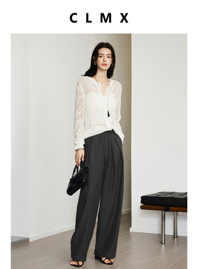 CLMX时装感镂空圆领长袖开襟针织衫干爽有型棉锦混纺带子纱上衣女