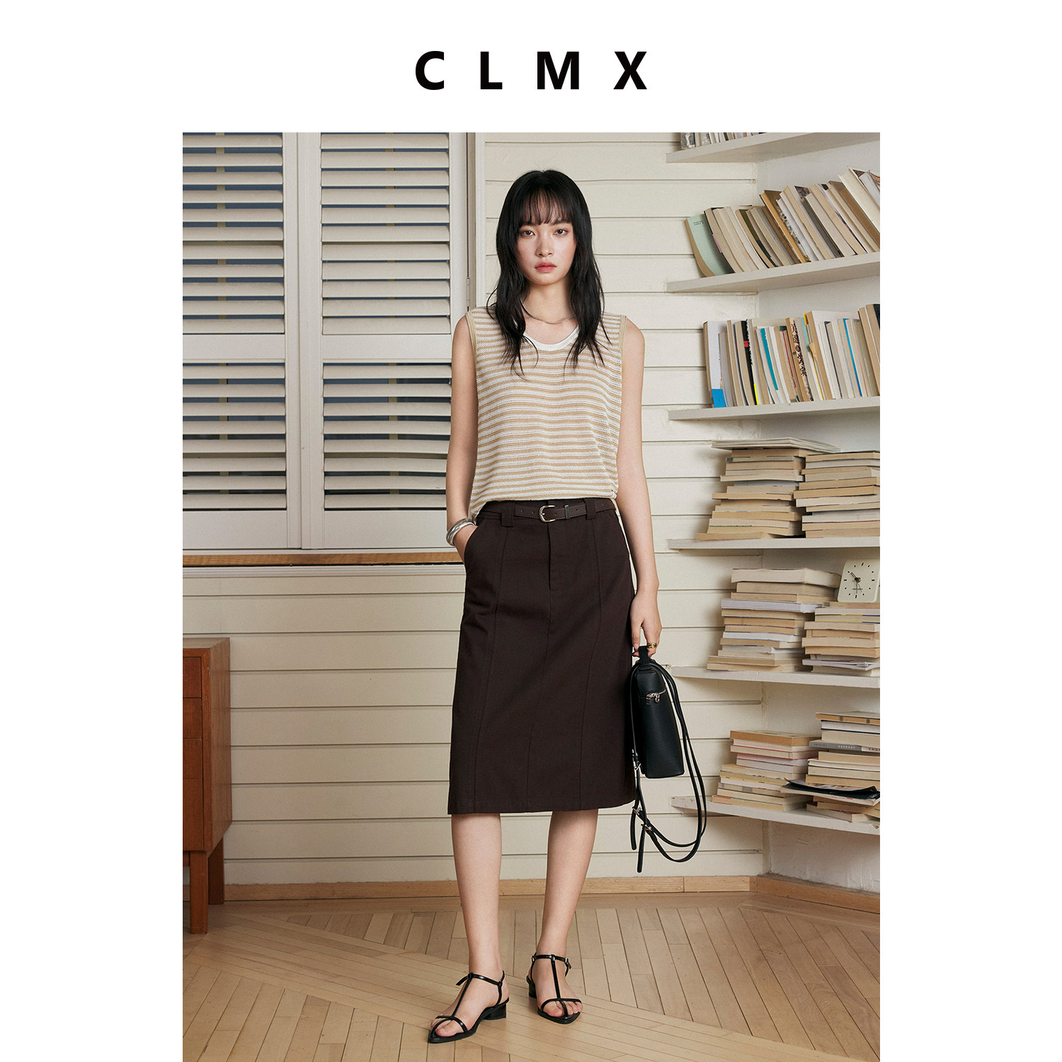 CLMX亚麻棉混纺三色条纹圆领无袖针织吊带女初夏修身背心外穿上衣