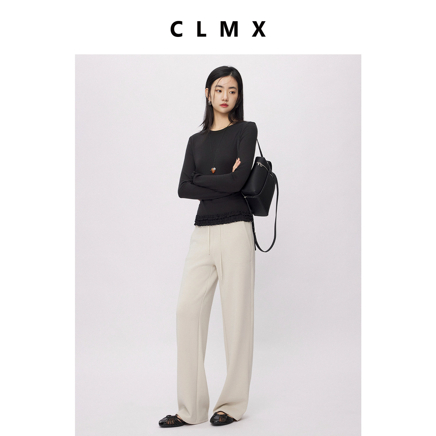 CLMX亲肤莱赛尔绵羊毛氨纶混纺面料木耳边点睛长袖圆领T恤上衣女