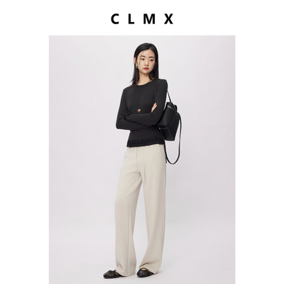 CLMX亲肤莱赛尔绵羊毛氨纶混纺面料木耳边点睛长袖圆领T恤上衣女