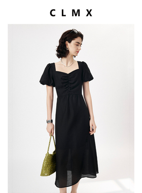 CLMX夏季通勤方领裙子微皱肌理莱赛尔锦纶混纺面料泡泡袖连衣裙女