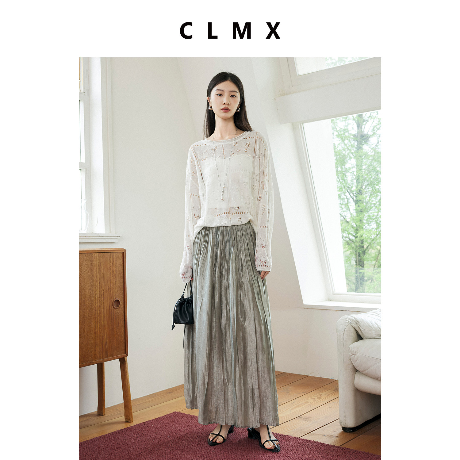 CLMX莱赛尔白色长袖镂空圆领针织衫女夏季通勤气质薄款罩衫上衣