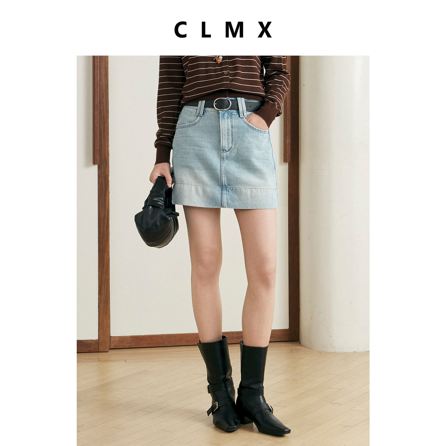 CLMX莱赛尔棉复古水洗牛仔裙女春季时髦百搭造型牛仔短款半身裙