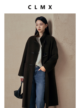 CLMX纽扣大衣羊毛羊绒混纺双面细织短顺毛面料秋冬中长款简约外套