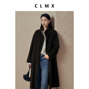 CLMX纽扣大衣羊毛羊绒混纺双面细织短顺毛面料秋冬中长款简约外套