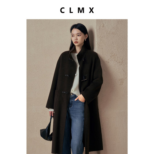 CLMX纽扣大衣羊毛羊绒混纺双面细织短顺毛面料秋冬中长款简约外套