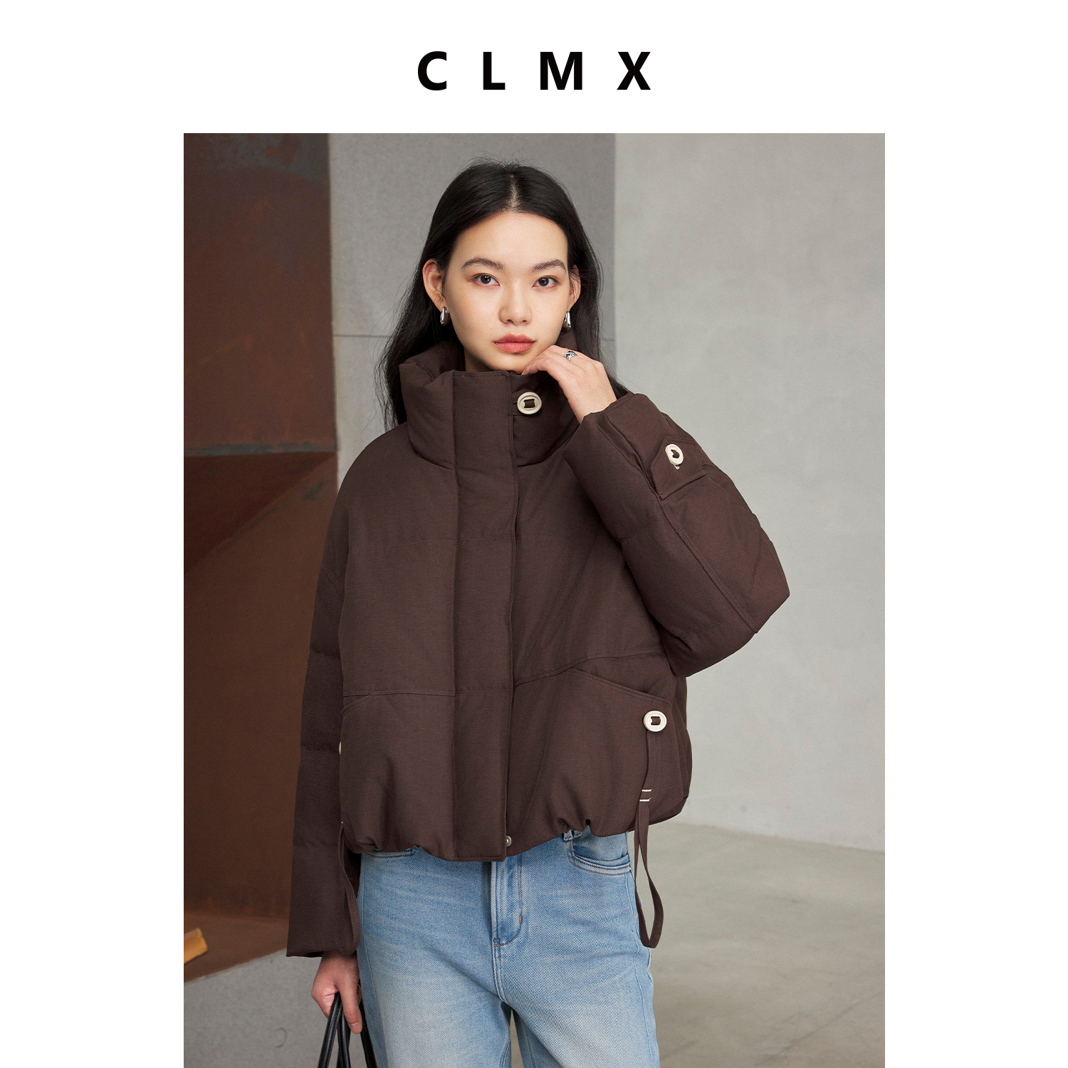 CLMX经典立领塑气质时装感短款显瘦白鸭绒立领廓形小泡芙羽绒服