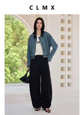 CLMX复古风拼色PU皮领牛仔夹克100%棉秋季翻领短外套女