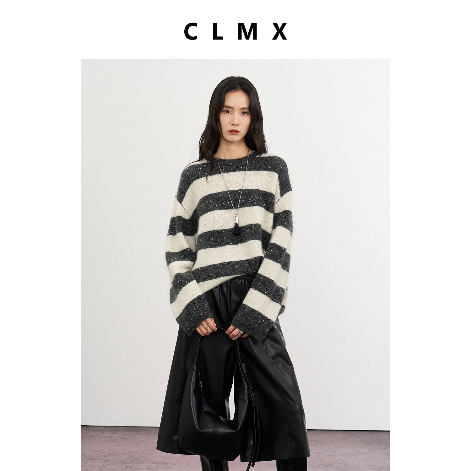 CLMX圆领宽松条纹针织衫羊毛马海毛银丝珠片混纺纱线秋冬休闲毛衣