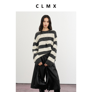 CLMX圆领宽松条纹针织衫羊毛马海毛混纺纱线秋冬休闲毛衣