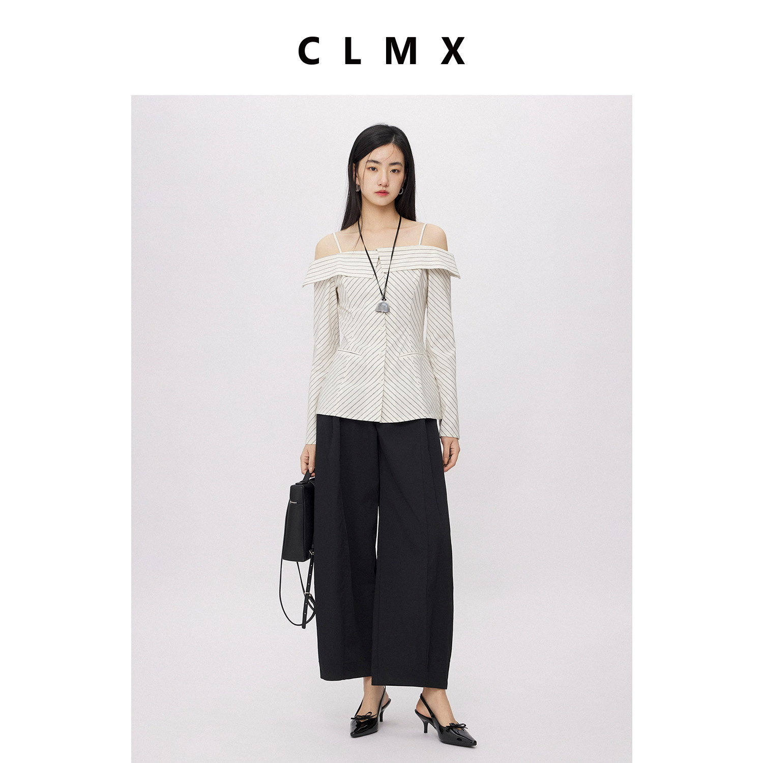 CLMX肌理感棉麻混纺色织条纹面料视觉显瘦公主线一字领长袖衬衫