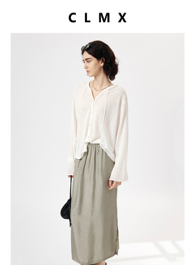 CLMX纯色简约通勤上衣轻薄清凉肌理感亚麻混纺纱线连帽抽绳针织衫