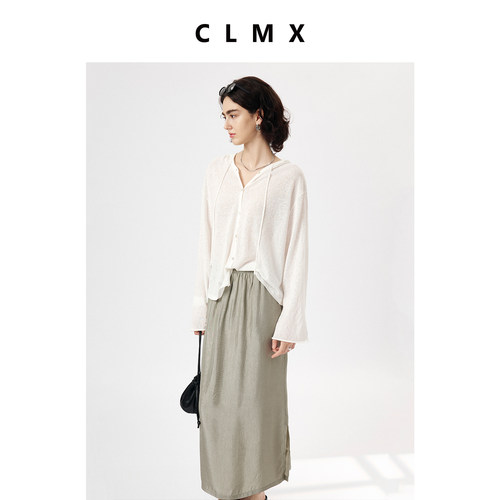 亚麻混纺纱线连帽抽绳针织衫