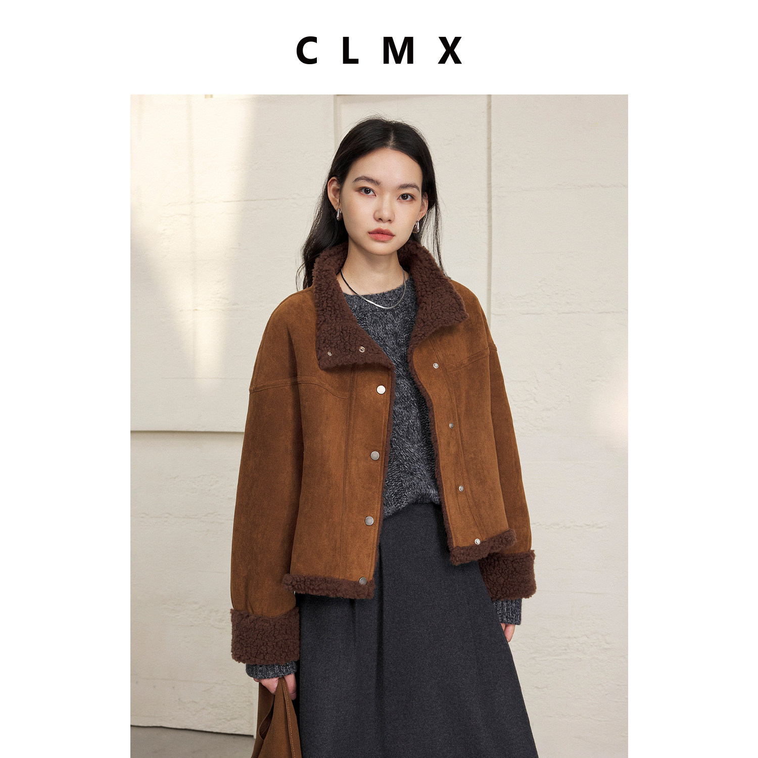 CLMX经典落肩宽松廓形松弛100%绵羊毛仿麂皮风格立领外套女,女装/女士精品,短外套,淘宝优惠券,粉丝福利购,淘宝优惠卷
