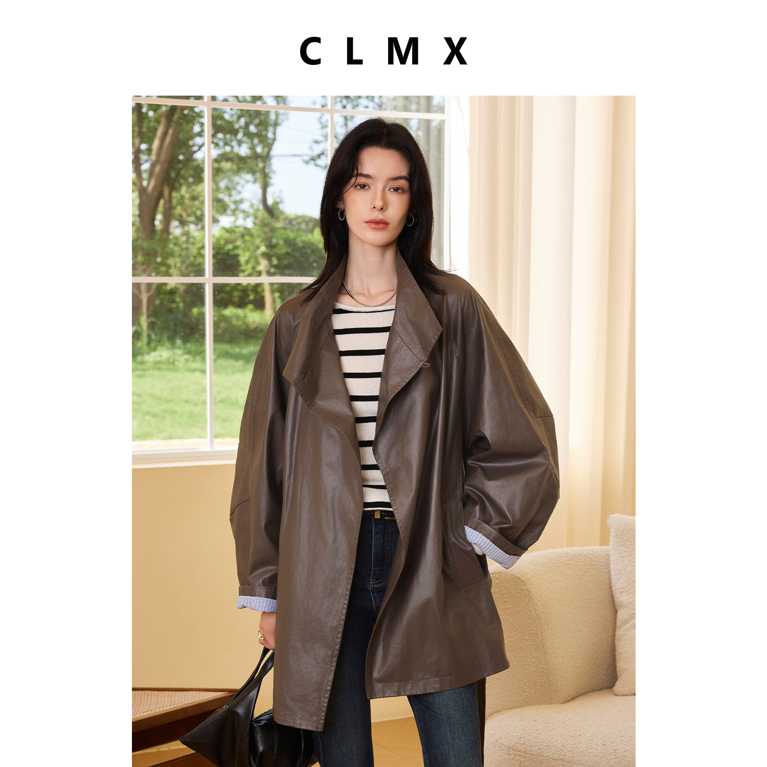 CLMX宽松立领中长款外套夹克油蜡纸感棉锦混纺斜纹面料廓形风衣女
