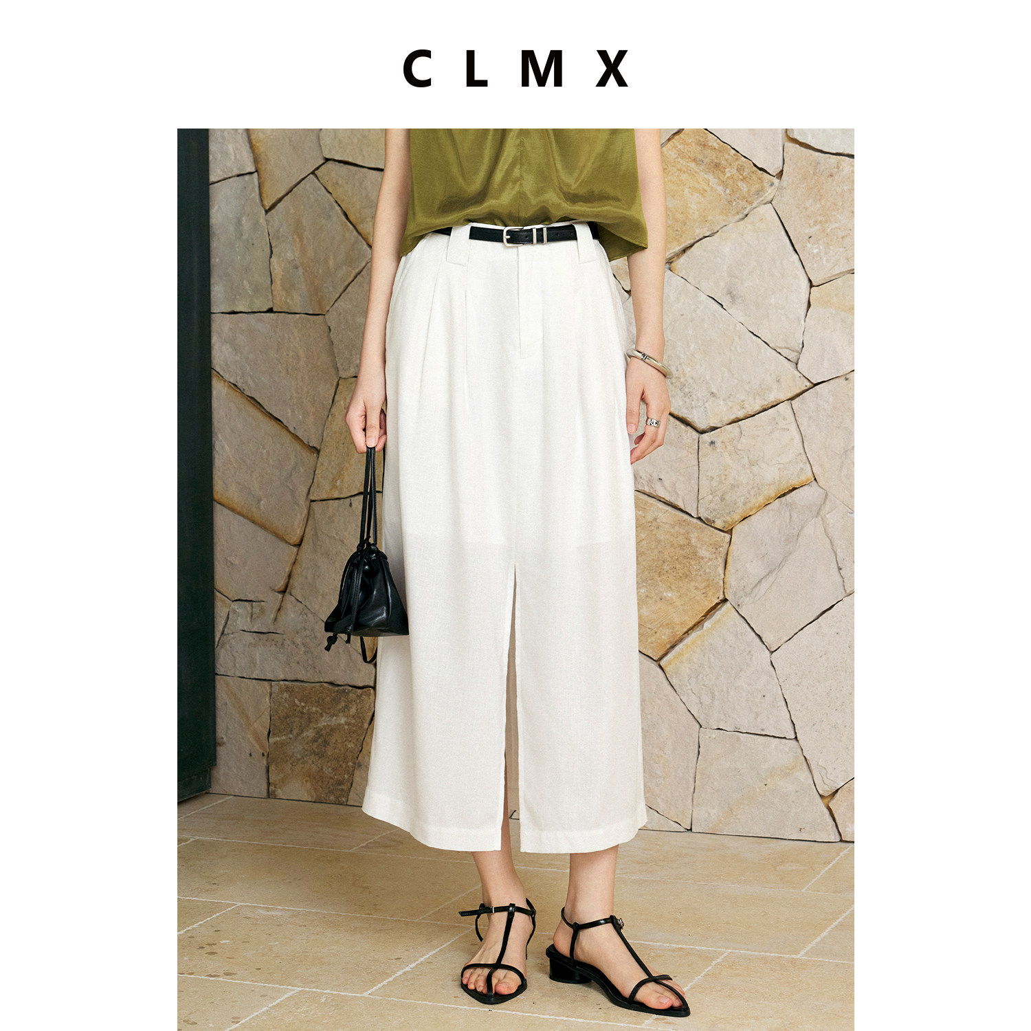 CLMX莱赛尔亚麻前开叉直筒半裙