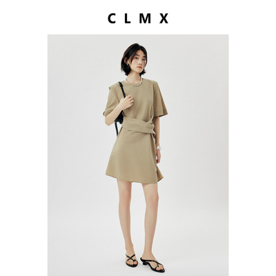 CLMX砂洗微皱莱赛尔锦纶混纺面料随性松弛时髦圆领短袖打褶连衣裙