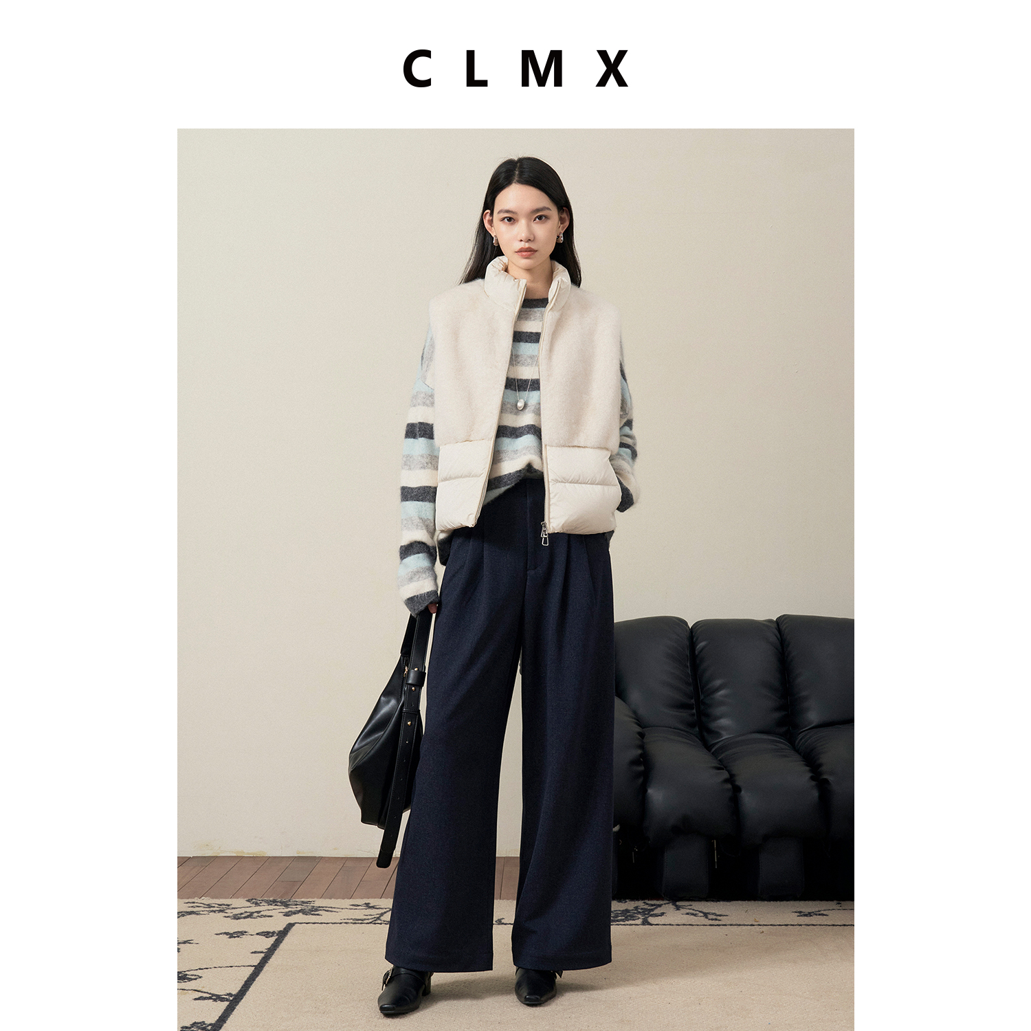 CLMX冬日蓬松暖意90白鸭绒环保皮草拼布立领开襟双拉链羽绒马甲