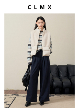 CLMX冬日蓬松暖意白鸭绒拼布立领开襟双拉链羽绒马甲女