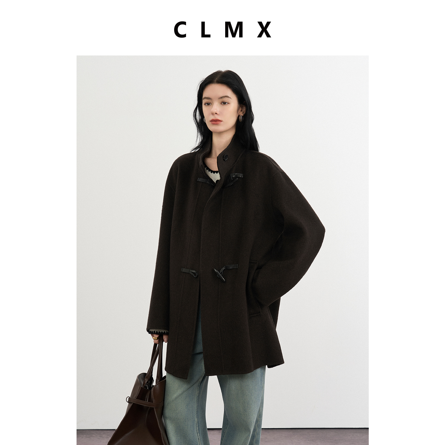 CLMX造型感立领大衣短顺毛羊绒羊毛双面呢中长款秋冬通勤外套上衣