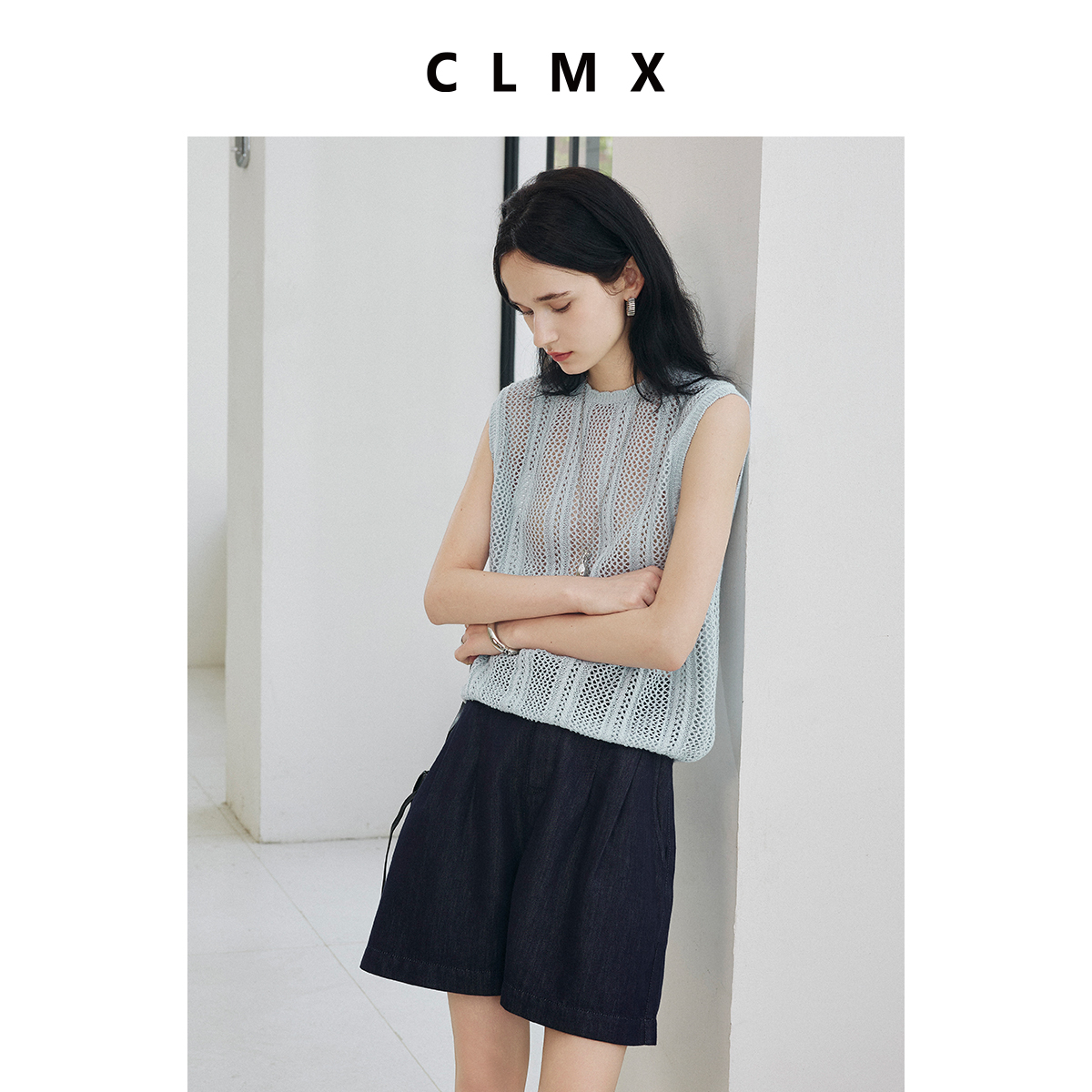 CLMX轻柔丝毛感48支亚麻混纺纱线 小香肌理叠穿风圆领镂空马甲