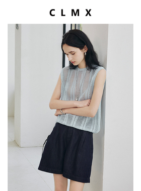 CLMX轻柔丝毛感48支亚麻混纺纱线 小香肌理叠穿风圆领镂空马甲