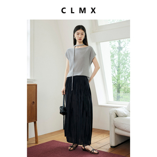 CLMX莱赛尔微量桑蚕丝系带慵懒短袖针织衫女夏季通勤气质宽松上衣