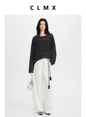CLMX简约纯色上衣干爽轻盈80支羊毛锦纶混纺纱线面料镂空针织衫女