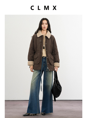 CLMX复古毛领插肩袖抽绳腰羽绒服白鸭绒秋冬休闲保暖减龄外套女