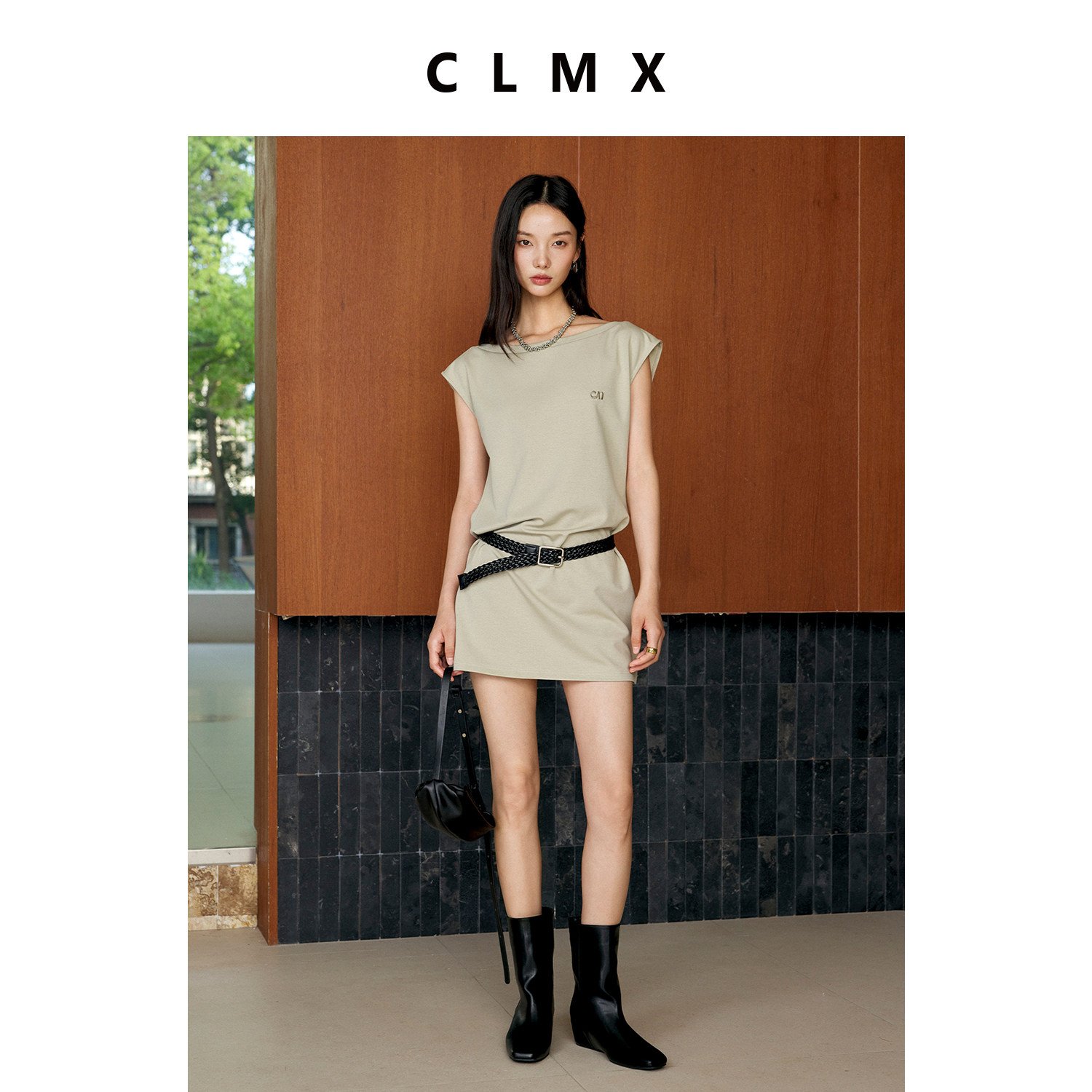 CLMX通勤一字领微收腰T恤裙