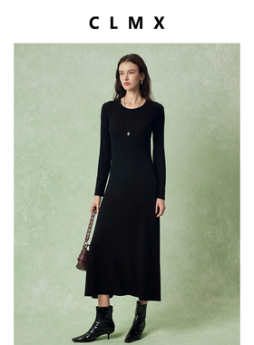 CLMX轻柔软糯弹力莱赛尔羊毛螺纹针织 圆领显脖颈修身长款连衣裙