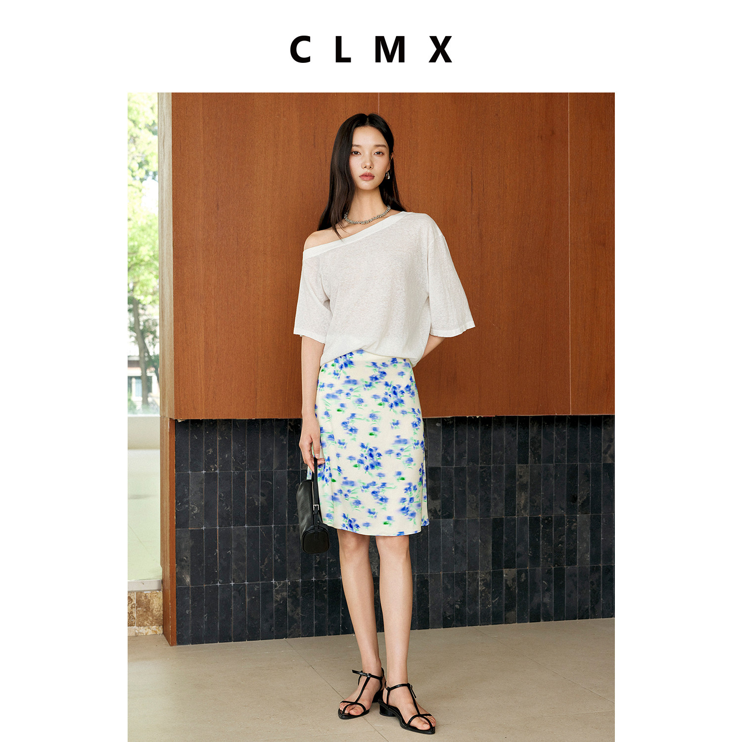 CLMX亚麻棉斜肩宽松短袖T恤