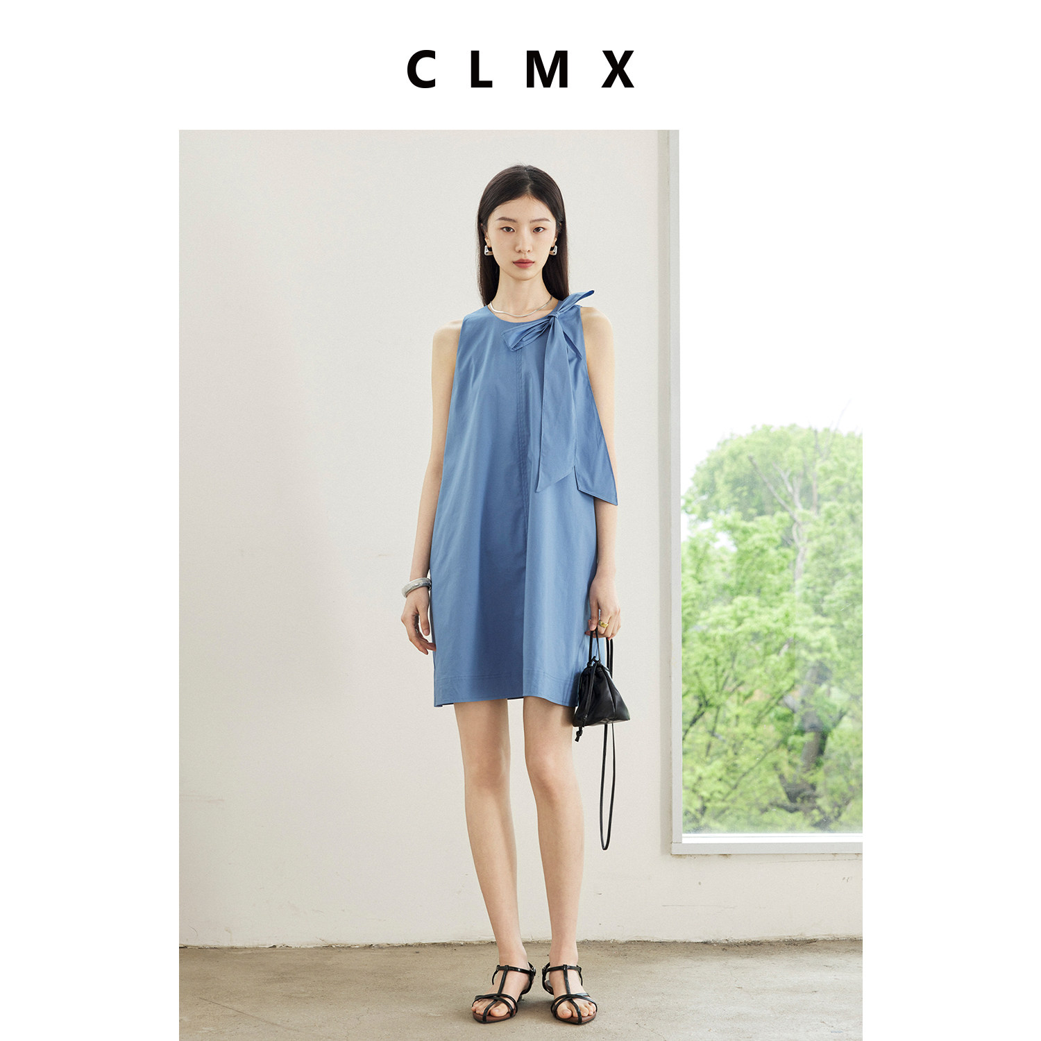 CLMX棉质圆领纯色A字无袖背心连衣裙女夏季气质高级休闲短裙子