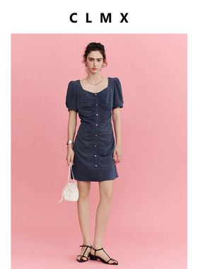 CLMX简约修身裙子不规则磨白褶皱砂洗莱赛尔面料纽扣连衣裙女