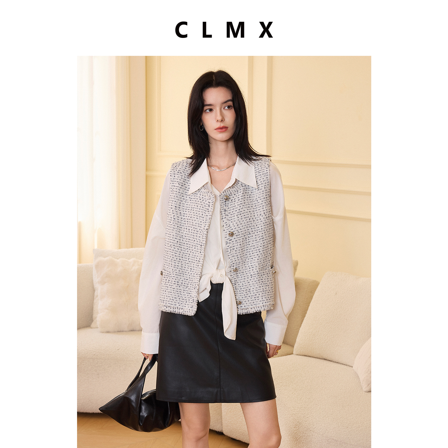 CLMX流苏圆领马甲小香风带子纱棉亚麻混纺提花花呢面料上衣外套女