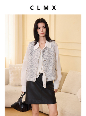 CLMX流苏圆领马甲小香风带子纱棉亚麻混纺提花花呢面料上衣外套女