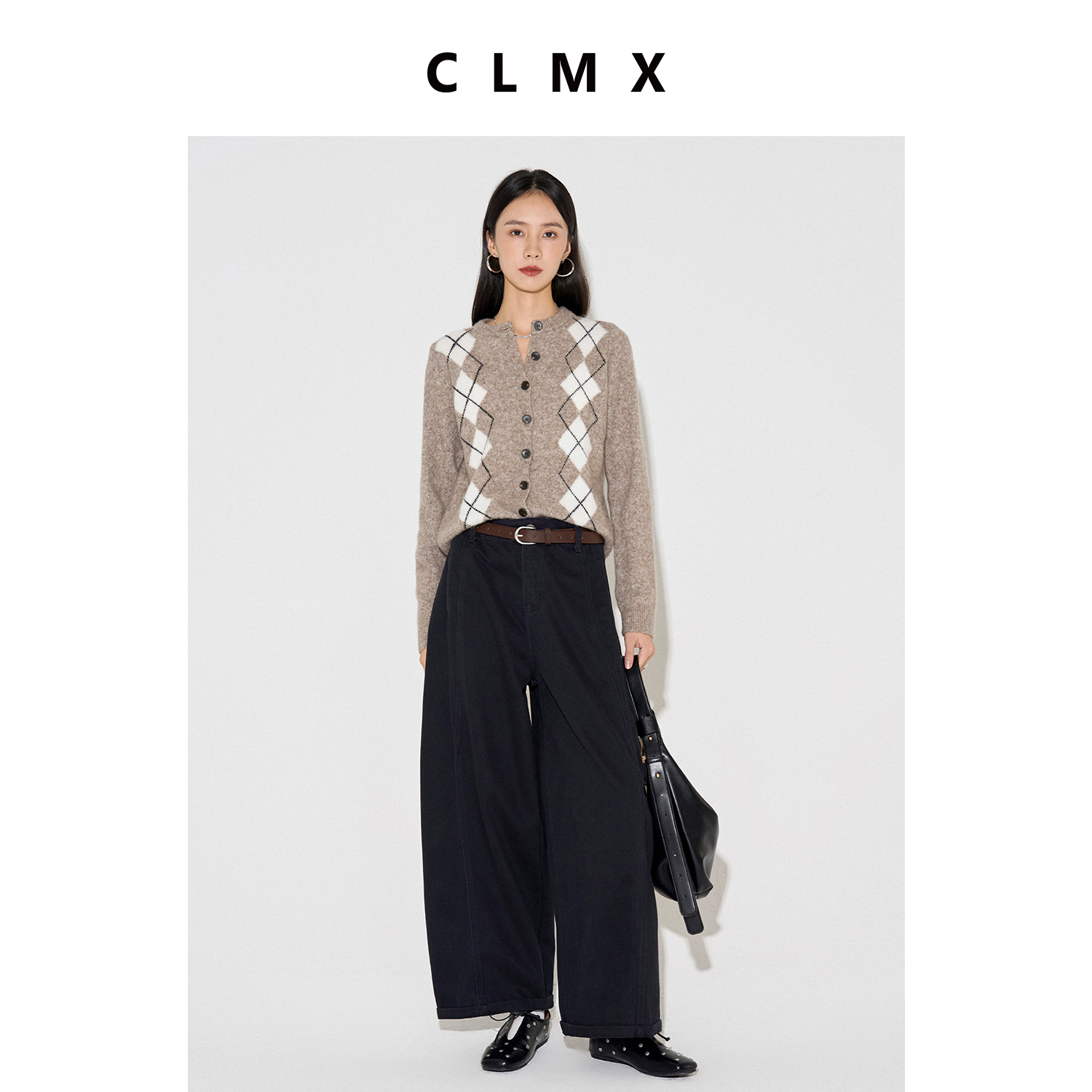 CLMX复古萎形格提花圆领长袖针织开衫羊毛牦牛绒混纺纱线通勤上衣