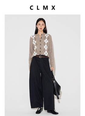 CLMX复古萎形格提花圆领长袖针织开衫羊毛牦牛绒混纺纱线通勤上衣