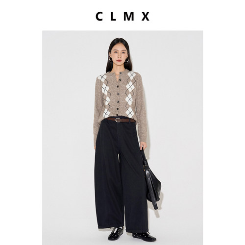 CLMX复古萎形格提花圆领长袖针织开衫羊毛牦牛绒混纺纱线通勤上衣