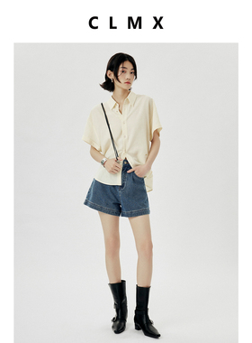 CLMX百搭柔软轻盈上衣亲肤细腻轻垂十字纹莱赛尔面料短袖衬衫女