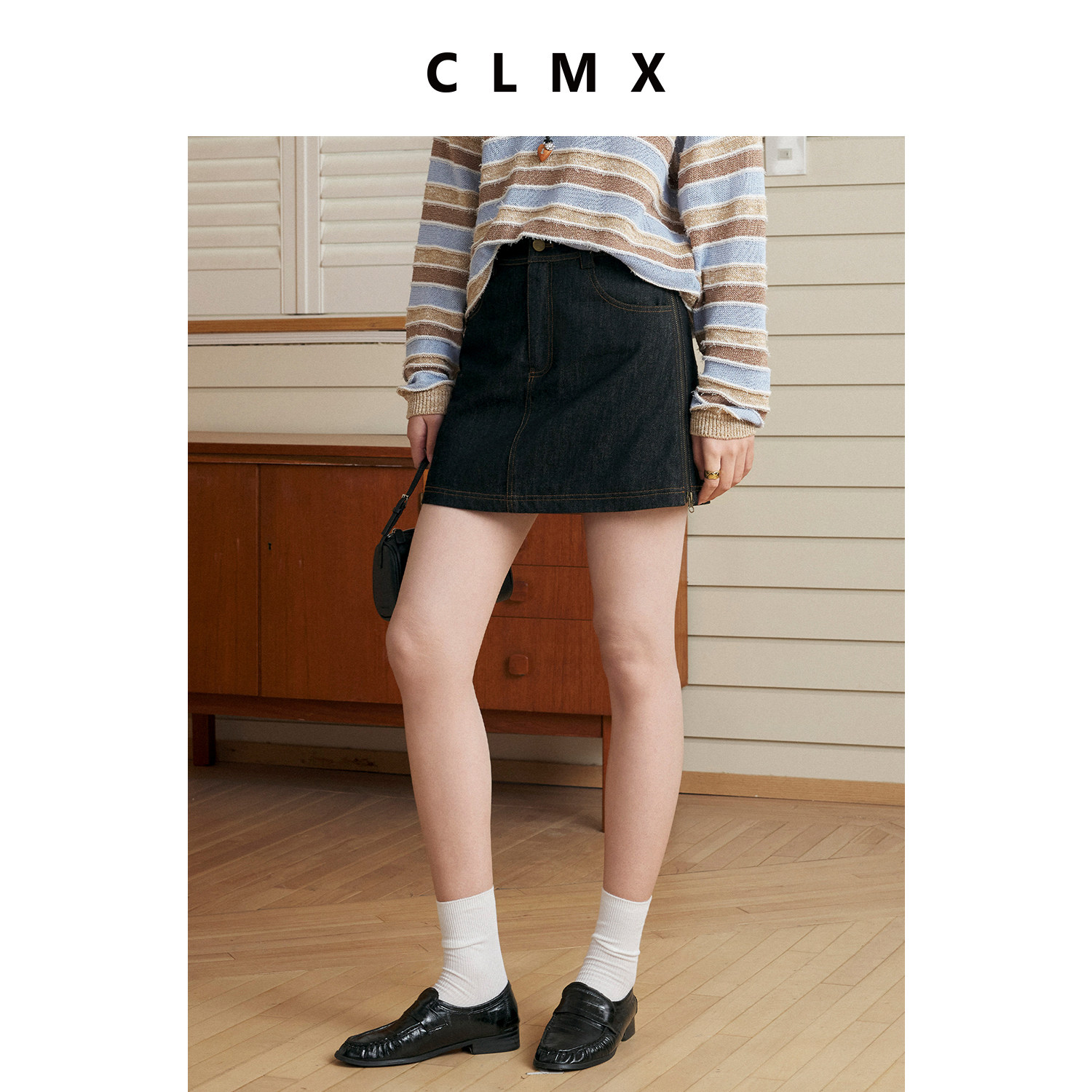 CLMX美式复古拉链A字牛仔半身裙女夏季通勤裙裤气质简约短裙子
