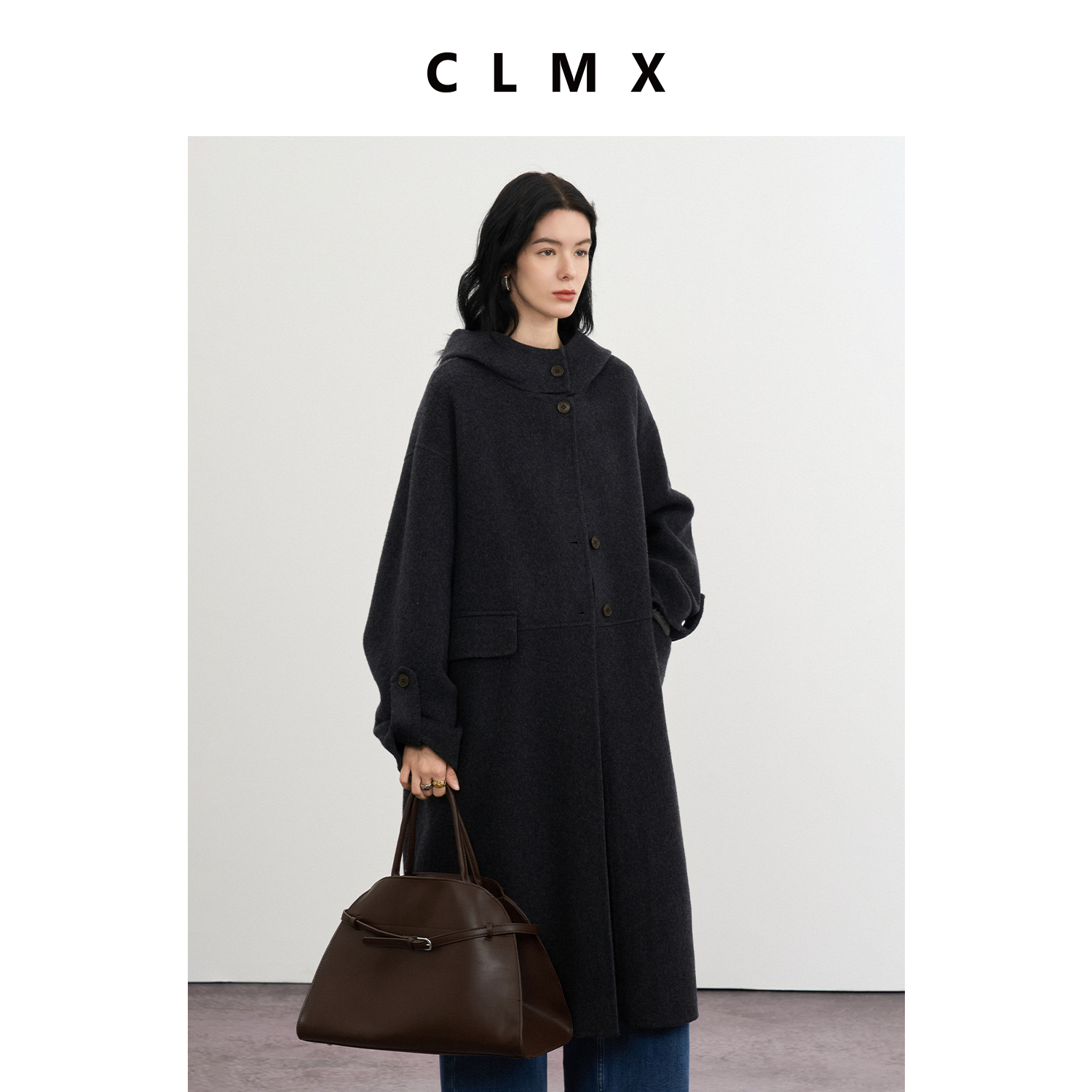 CLMX造型感围脖式圆领连帽中长大衣醋酸羊毛双面呢面料通勤外套女